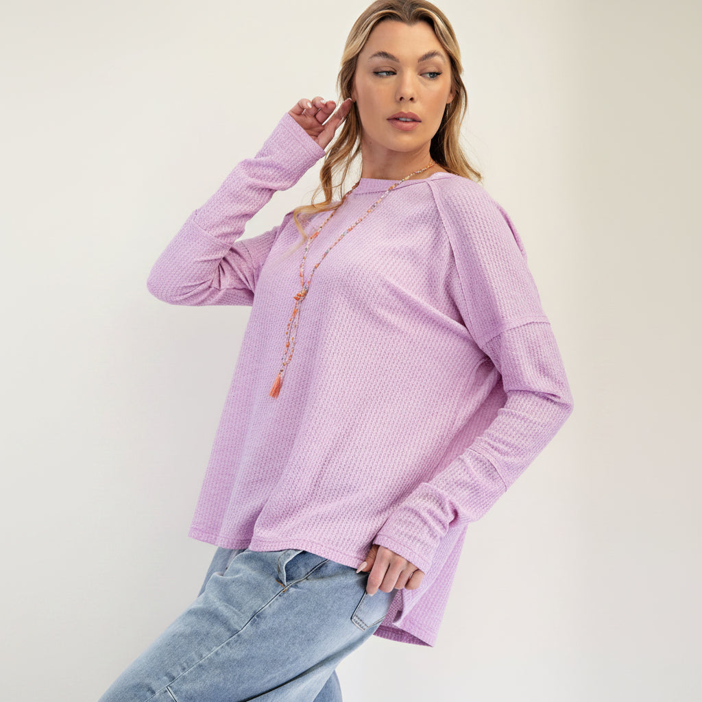 Easel women's lavender pink thermal knit relaxed pullover, long sleeve, crew neck, raglan seam detail - BellanBlue
