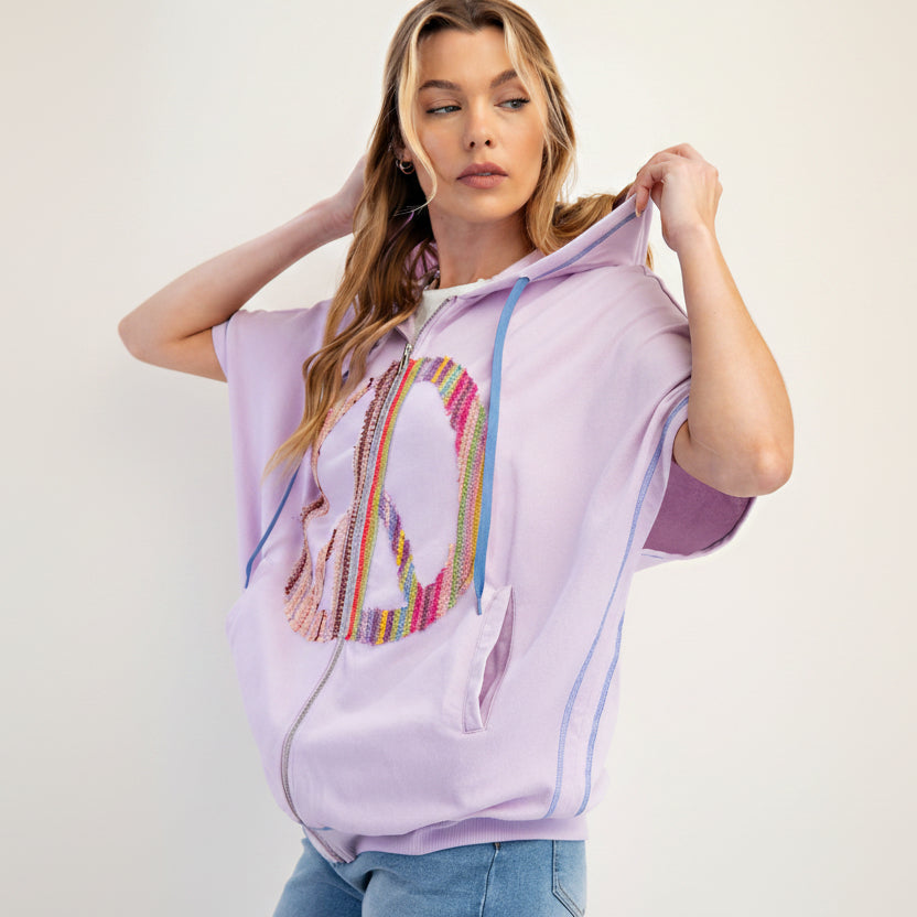 Easel women's lavender milk peace sign hoodie, multicolor embroidered graphic detail, hood pull

