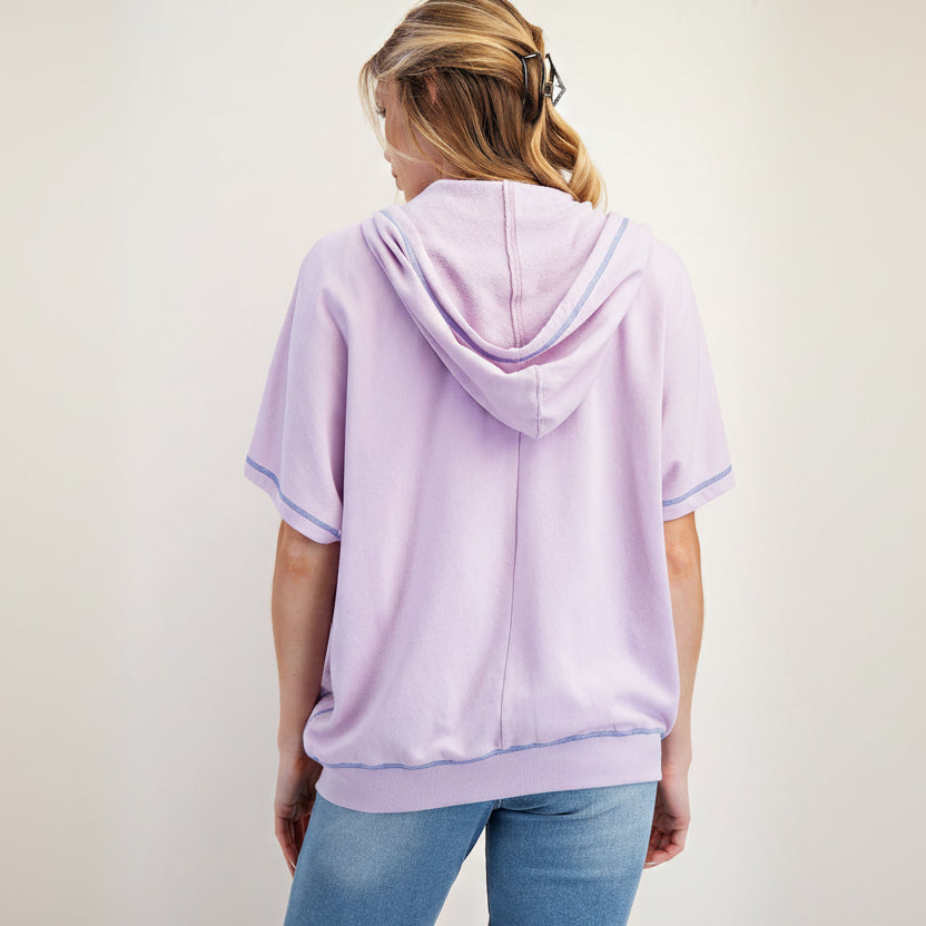 Easel women's lavender milk terry knit hoodie, back view, contrast stitch trim, short sleeve
