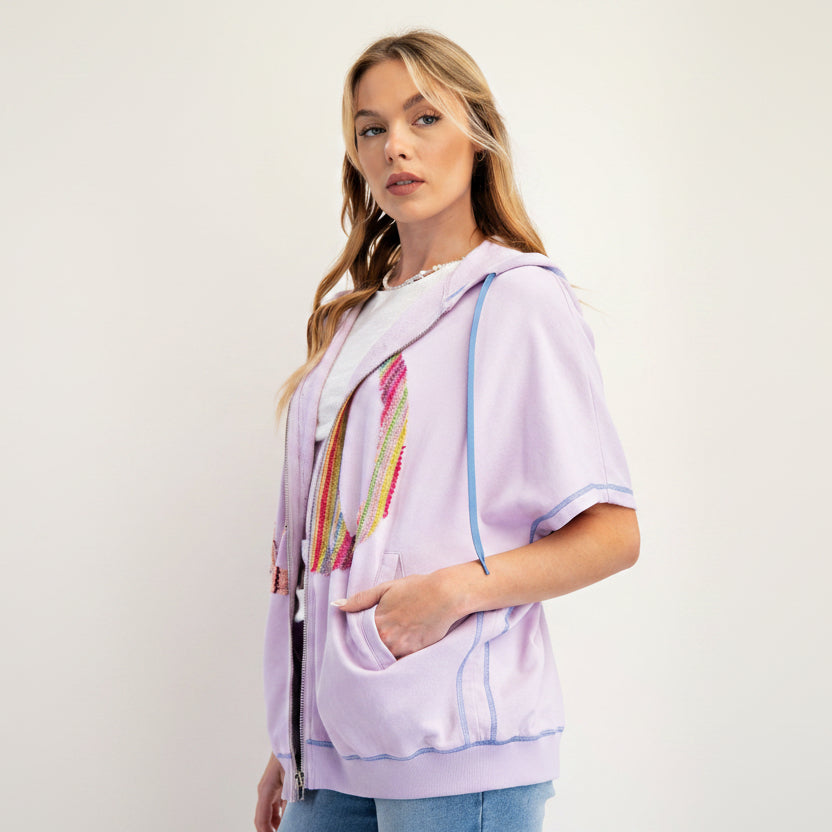 Easel women's lavender milk short sleeve zip-up hoodie, open front, side view, relaxed fit

