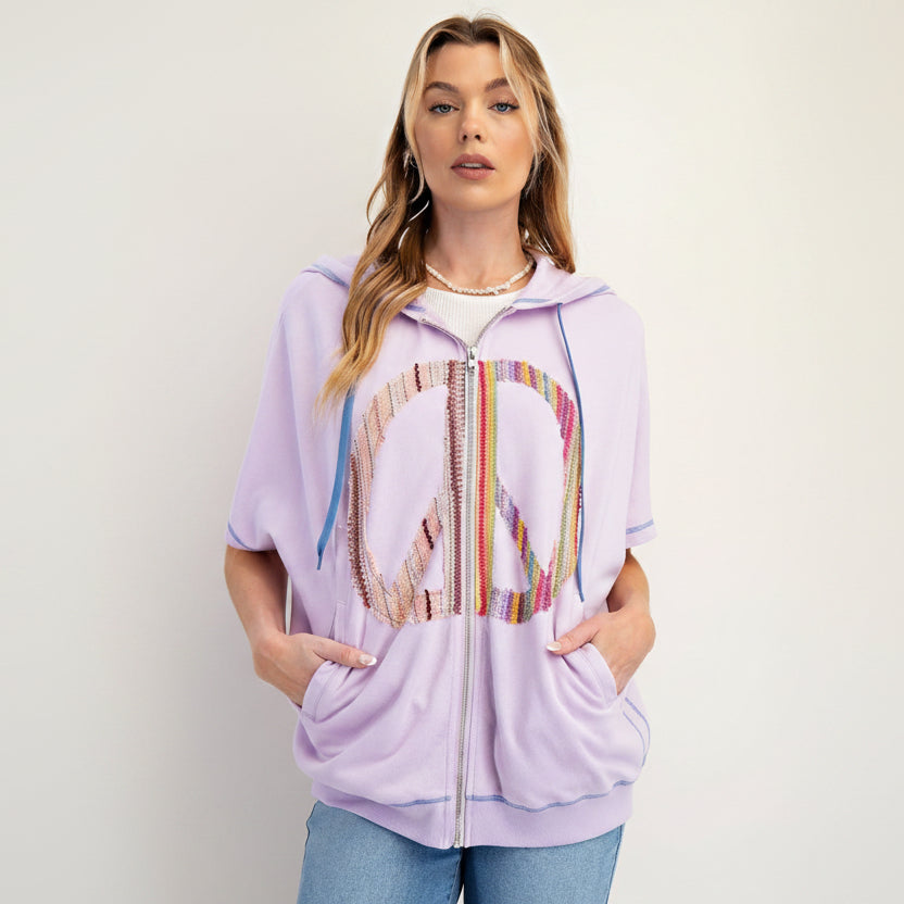 Easel women's lavender milk peace sign graphic zip-up hoodie, short sleeve, front view - BellanBlue
