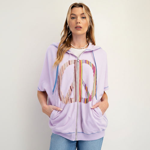 Easel women's lavender milk peace sign graphic zip-up hoodie, short sleeve, front view - BellanBlue
