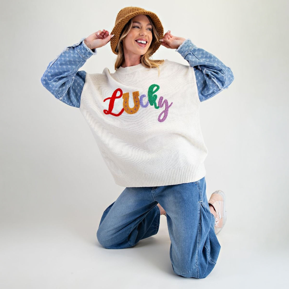 Lucky Letter Knit Sweater | Denim Heart Sleeves