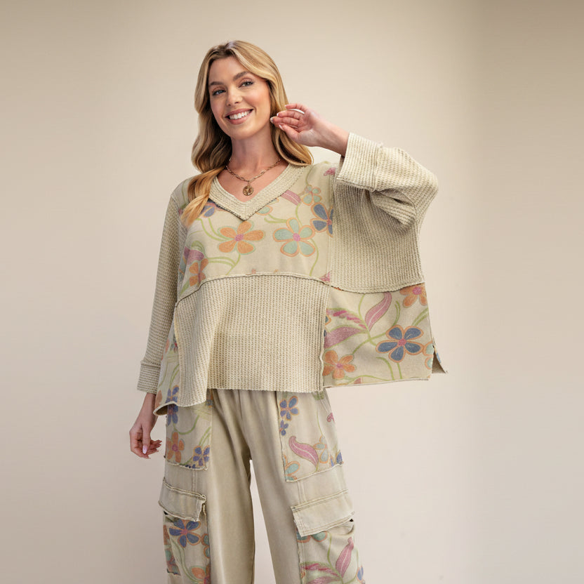 Easel women's dusty sage floral panel waffle knit V-neck top, relaxed oversized crop, front boutique lifestyle - BellanBlue

