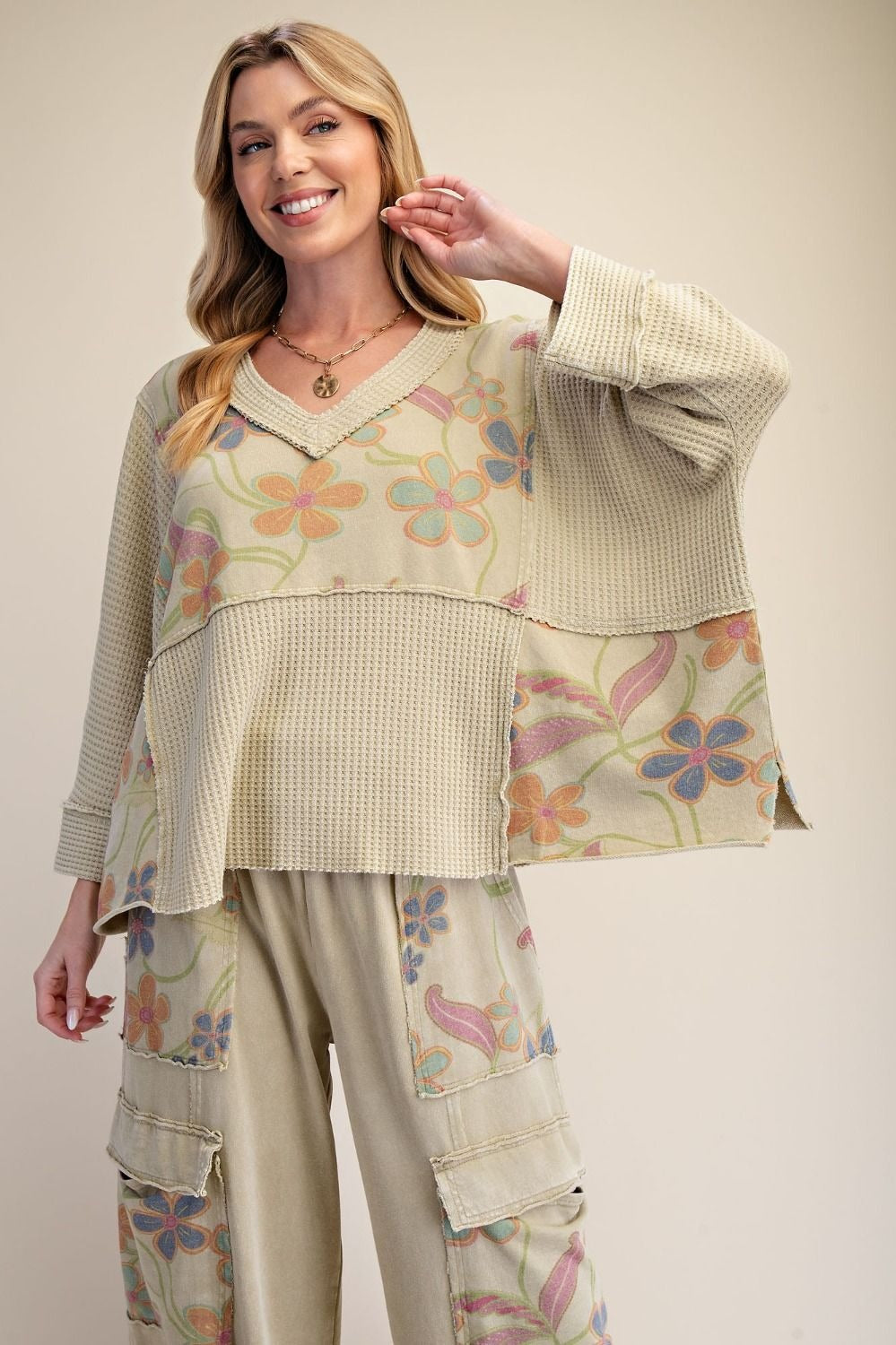 Easel women's dusty sage floral panel waffle knit V-neck top, relaxed oversized crop, front boutique lifestyle - BellanBlue

