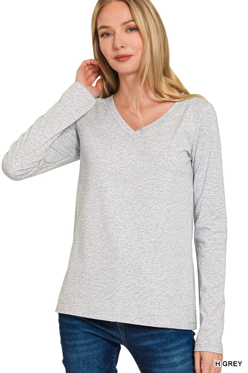 Cotton V-neck Long Sleeve T-shirt