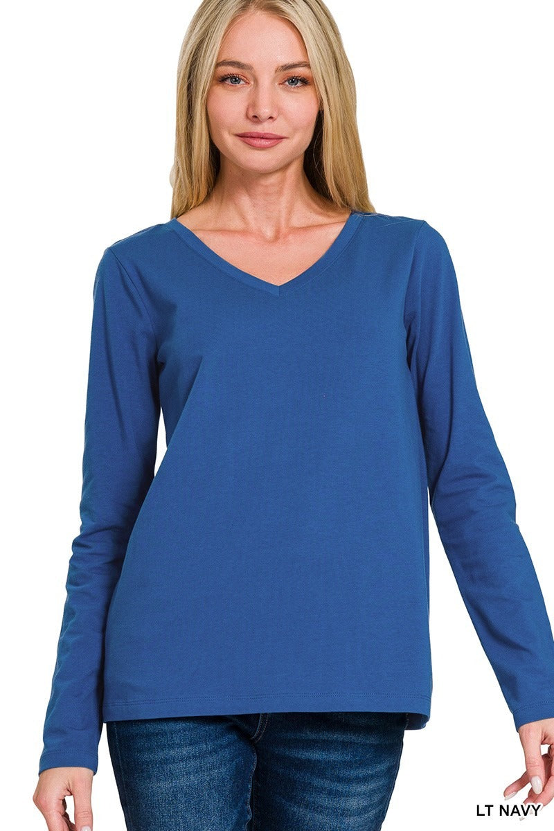 Cotton V-neck Long Sleeve T-shirt