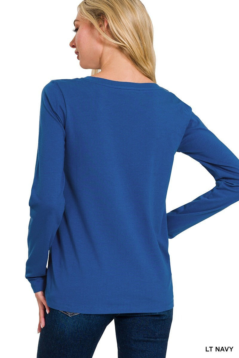 Cotton V-neck Long Sleeve T-shirt