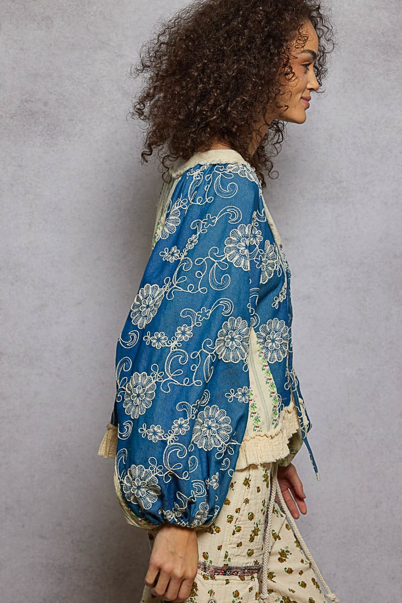 V-Neck Floral Woven Top with Ruffle Hem