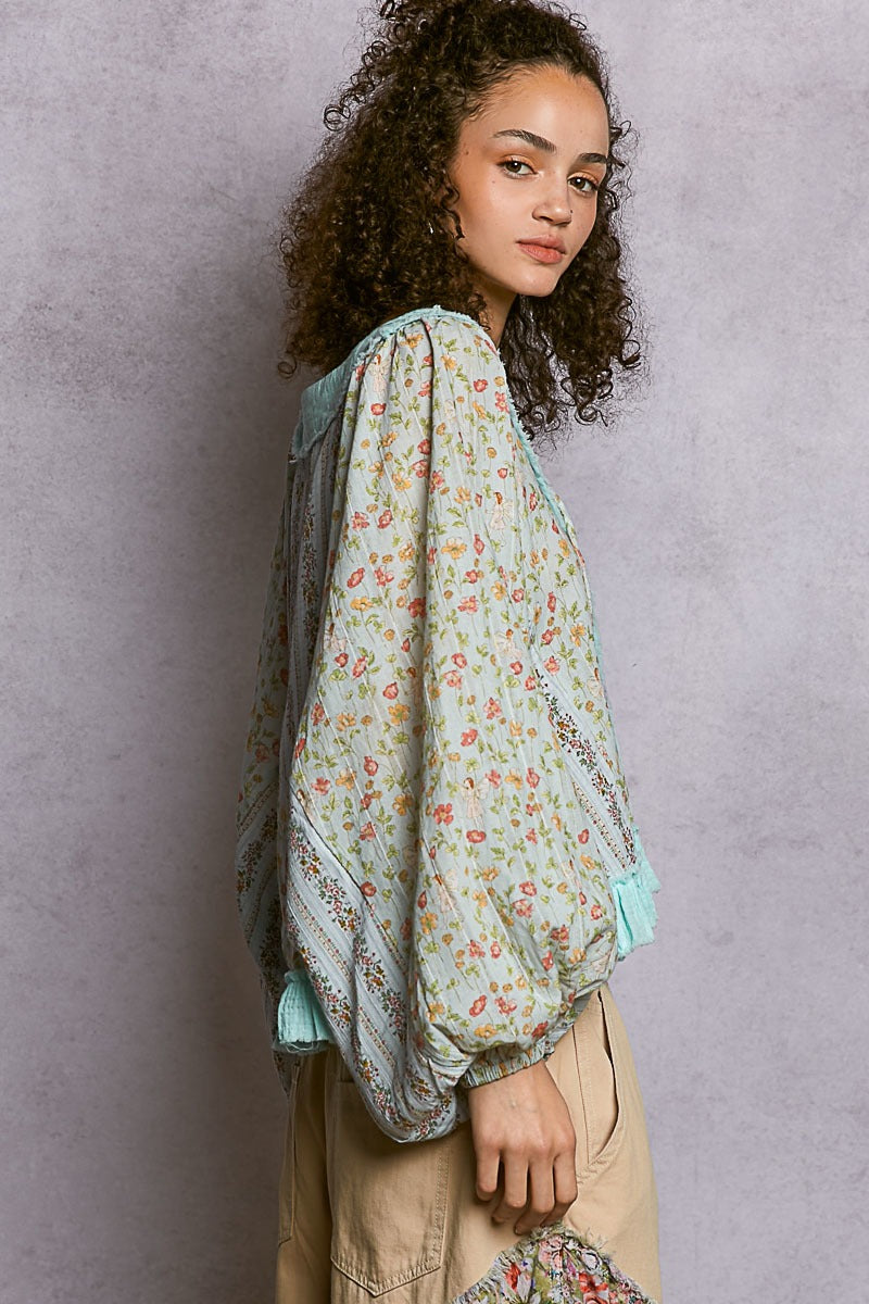 V-Neck Floral Woven Top with Ruffle Hem