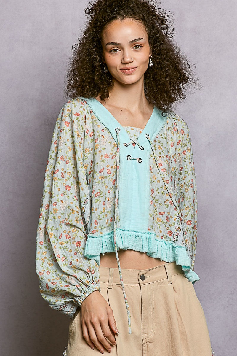 V-Neck Floral Woven Top with Ruffle Hem