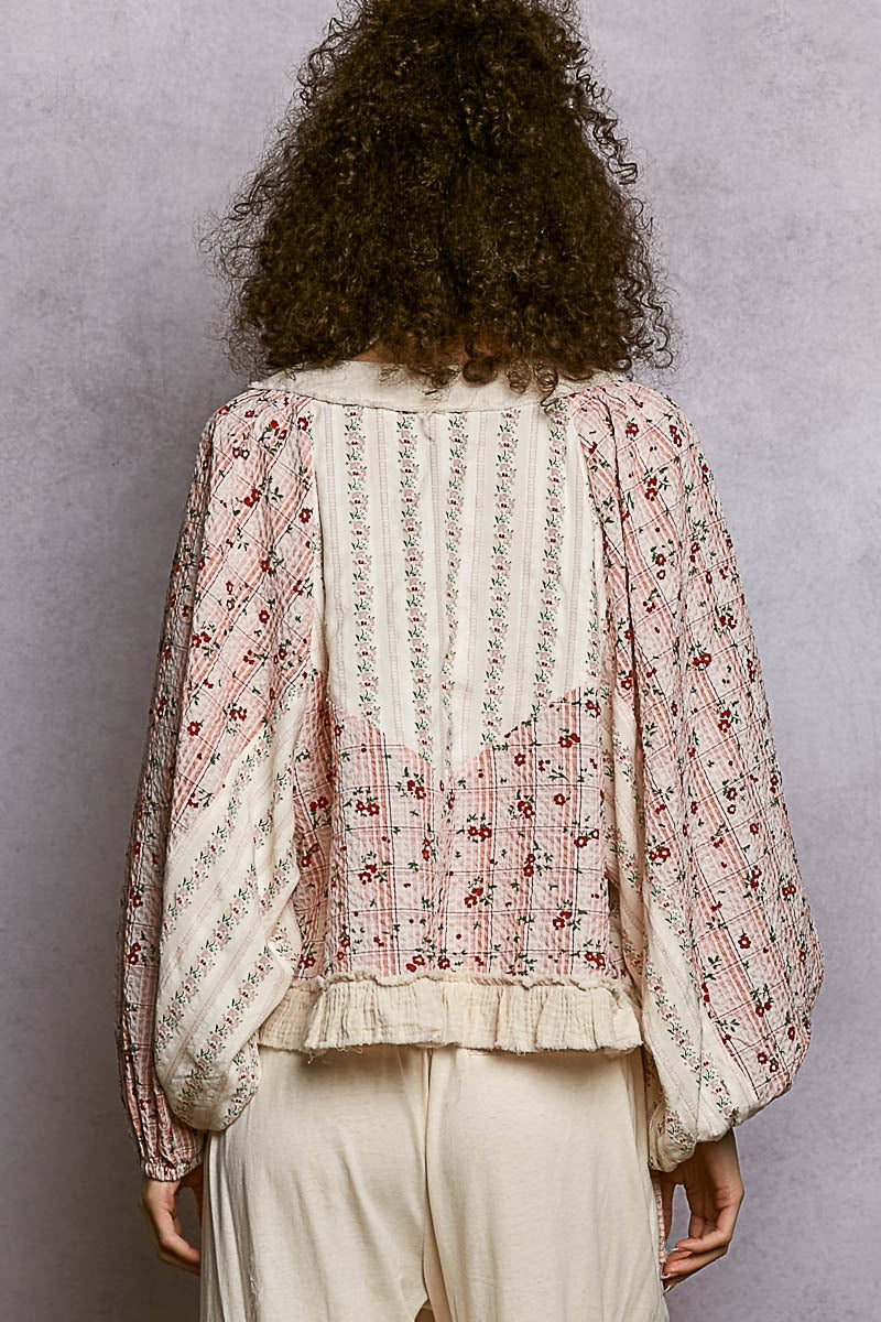 V-Neck Floral Woven Top with Ruffle Hem