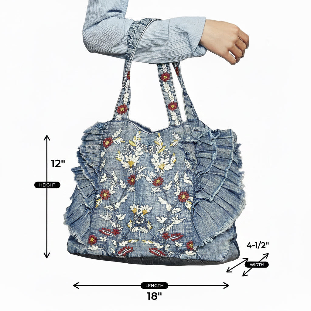 Women's denim embroidered ruffle tote bag size guide 18 inch length 12 inch height 4.5 inch width