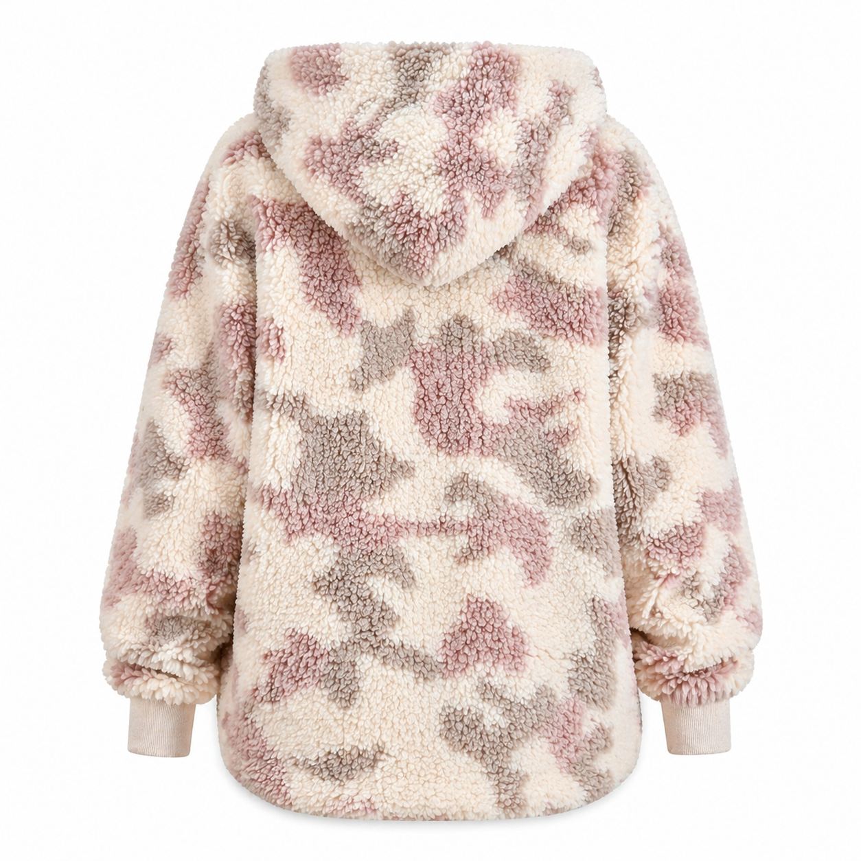 Back view of plush camo hooded cardigan in cream and mauve with ribbed cuffs on white background
