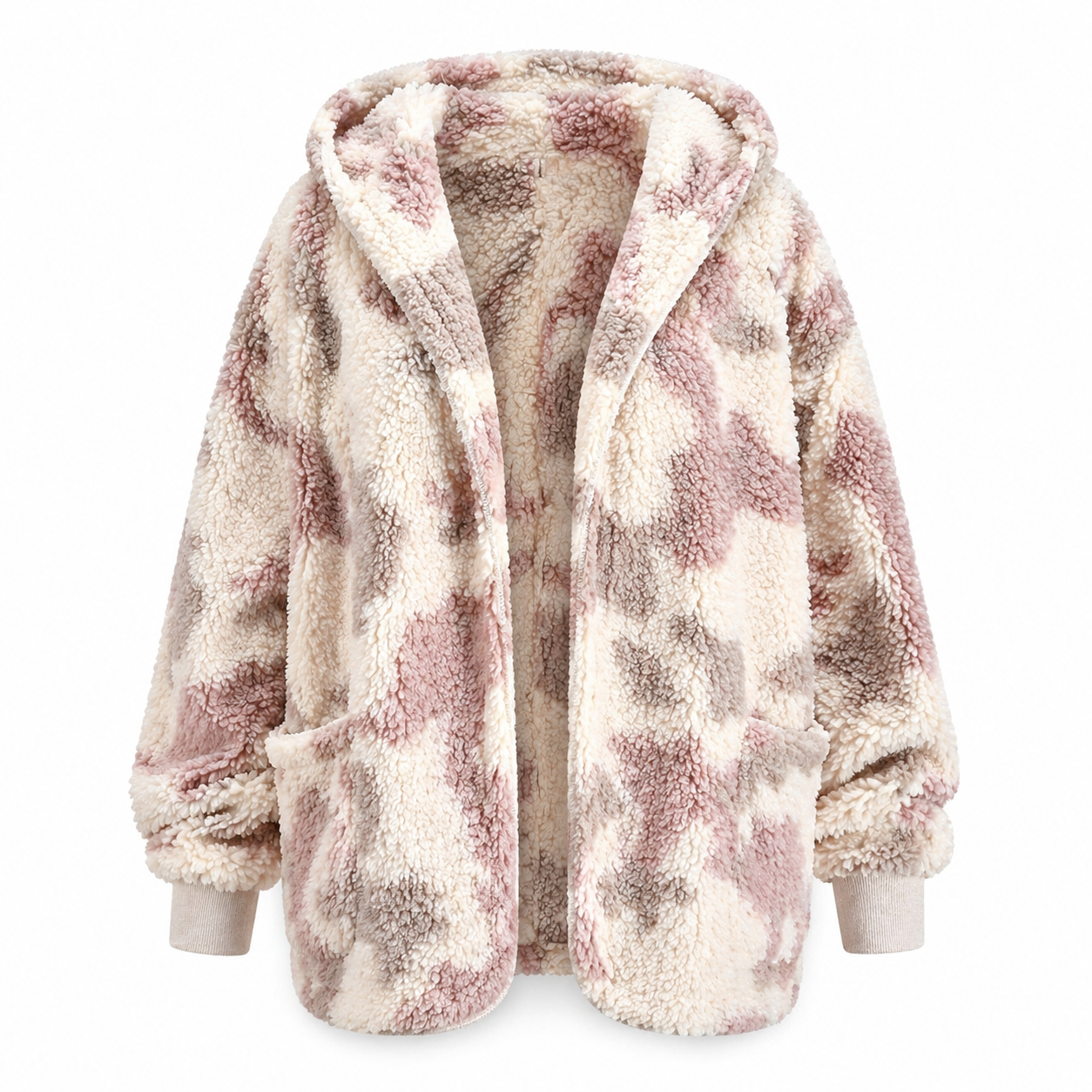 Hem & Thread sherpa camo cardigan in cream and pink, open front with front pockets on white background
