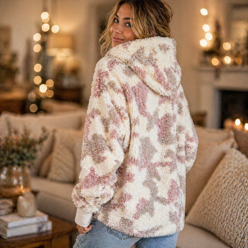 Plush camo cardigan in cream and mauve shown from the back, hooded silhouette with long sleeves
