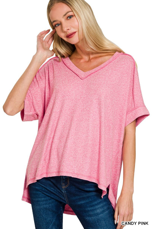 Soft Melange Hacci V-neck Hi-Low Short Sleeve Tee