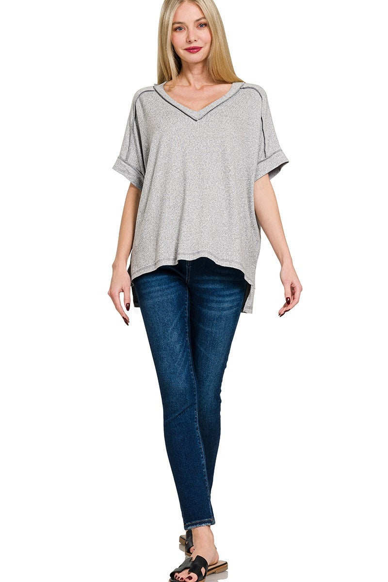 Soft Melange Hacci V-neck Hi-Low Short Sleeve Tee