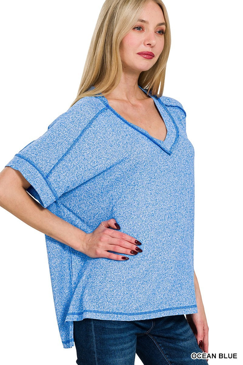 Soft Melange Hacci V-neck Hi-Low Short Sleeve Tee