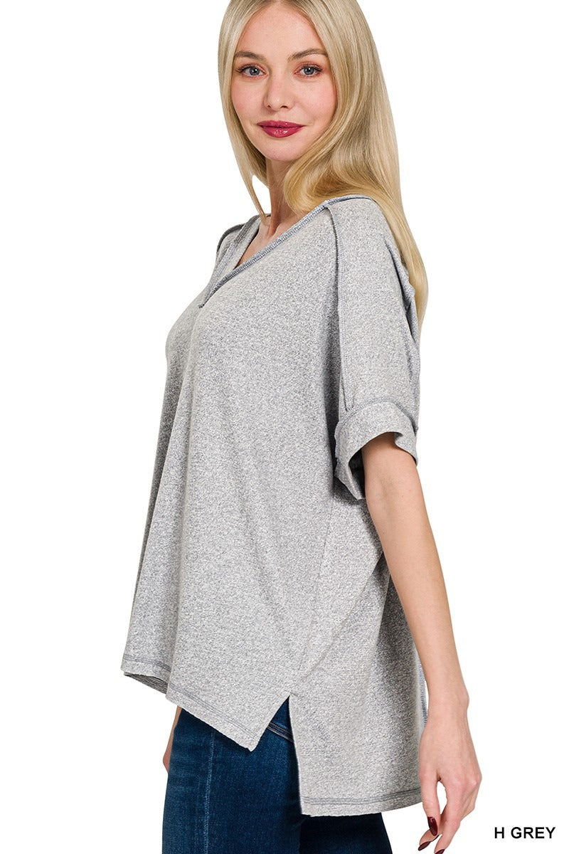 Soft Melange Hacci V-neck Hi-Low Short Sleeve Tee