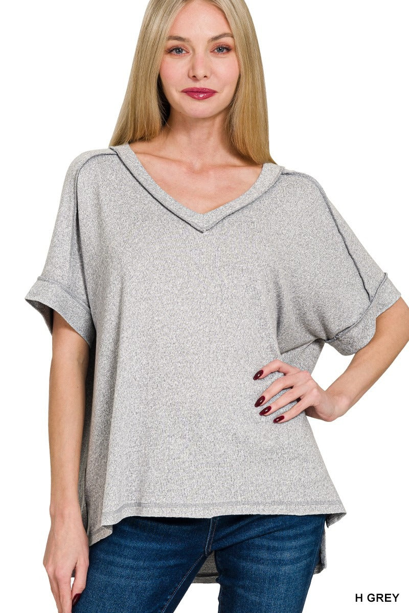 Soft Melange Hacci V-neck Hi-Low Short Sleeve Tee