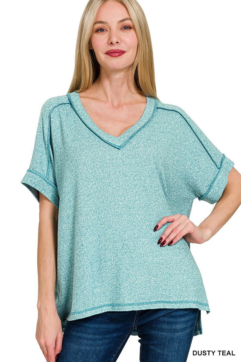 Soft Melange Hacci V-neck Hi-Low Short Sleeve Tee