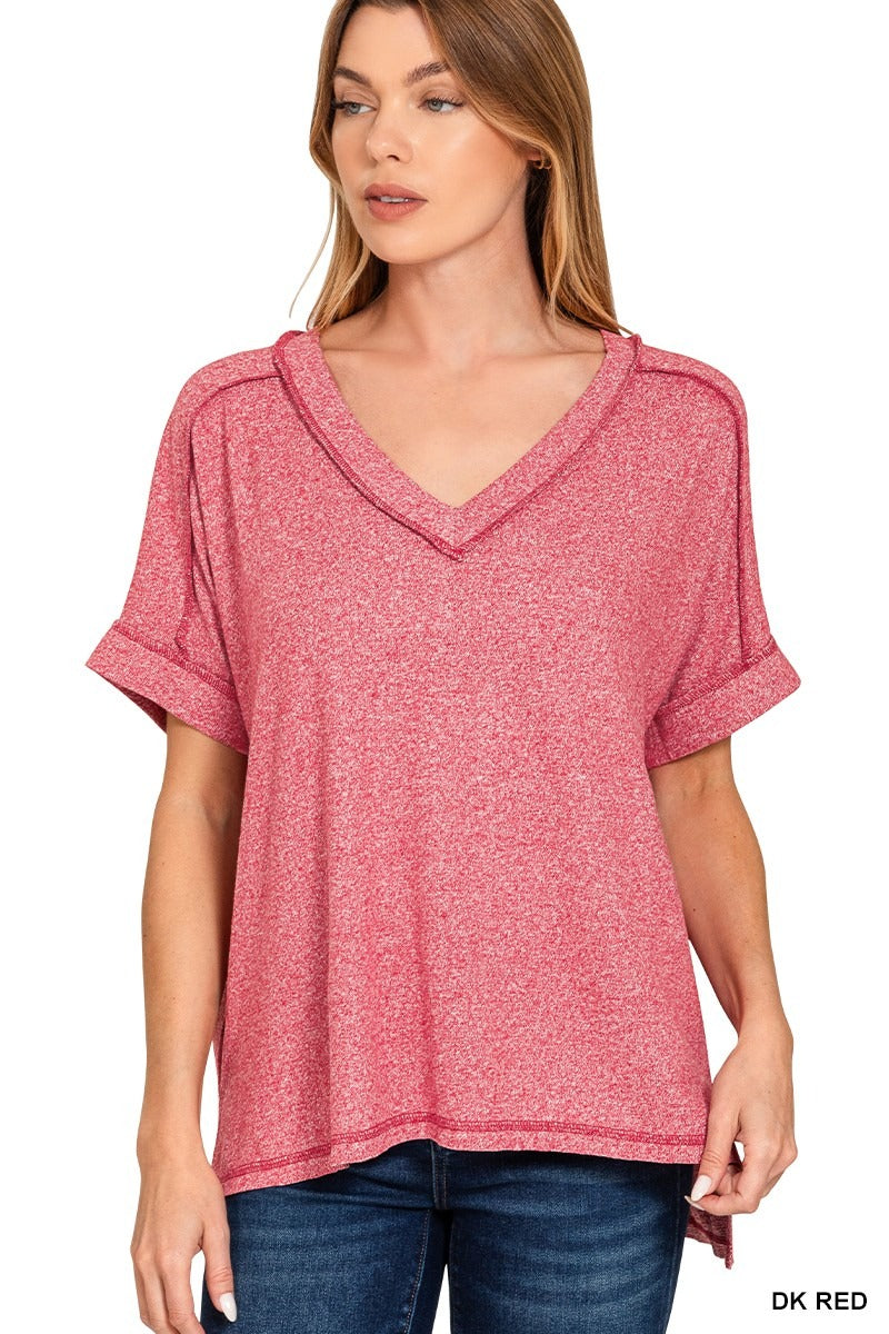 Soft Melange Hacci V-neck Hi-Low Short Sleeve Tee