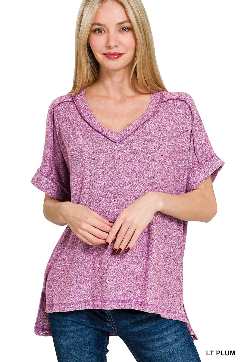 Soft Melange Hacci V-neck Hi-Low Short Sleeve Tee