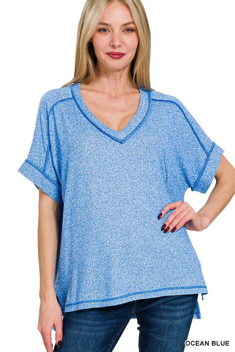 Soft Melange Hacci V-neck Hi-Low Short Sleeve Tee