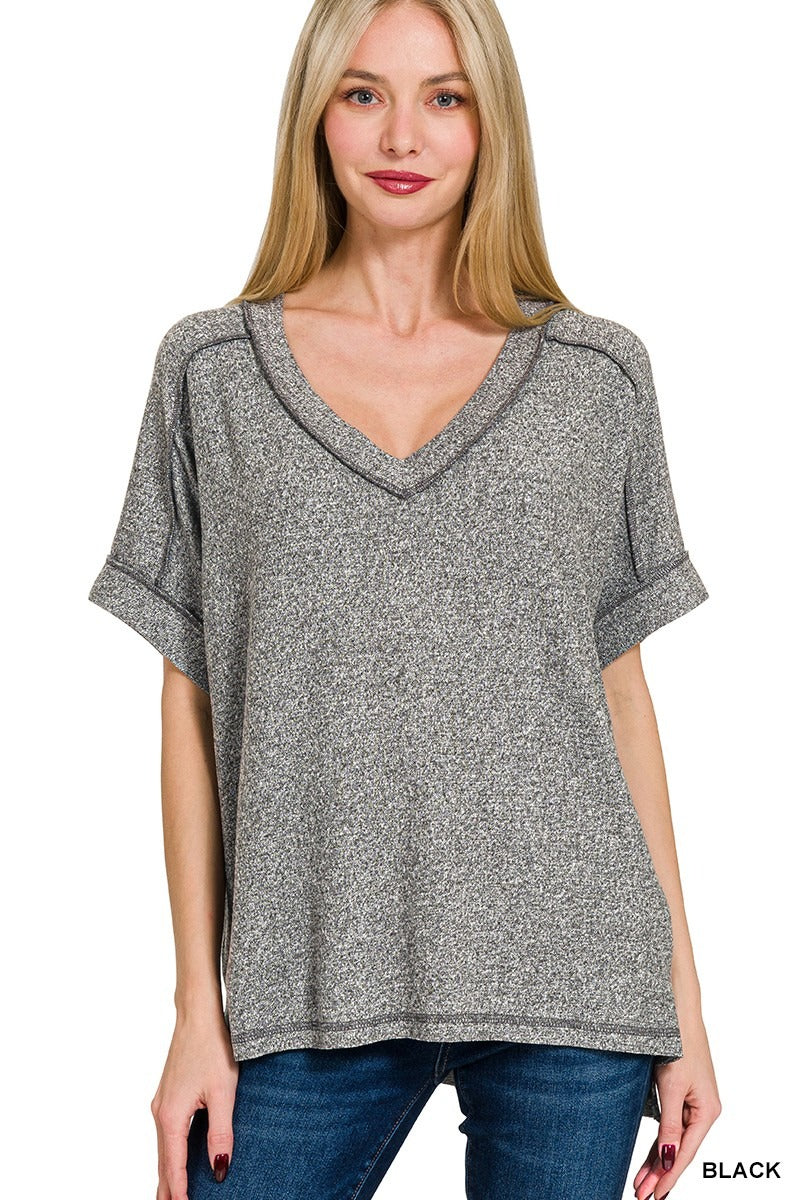 Soft Melange Hacci V-neck Hi-Low Short Sleeve Tee