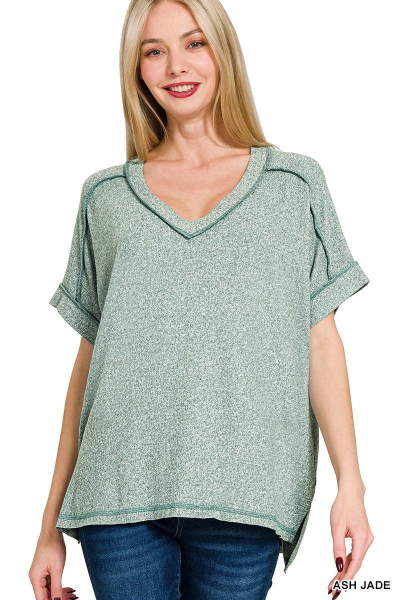 Soft Melange Hacci V-neck Hi-Low Short Sleeve Tee