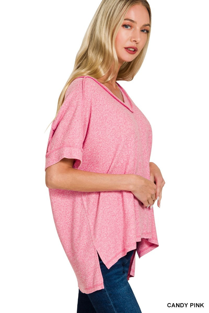Soft Melange Hacci V-neck Hi-Low Short Sleeve Tee