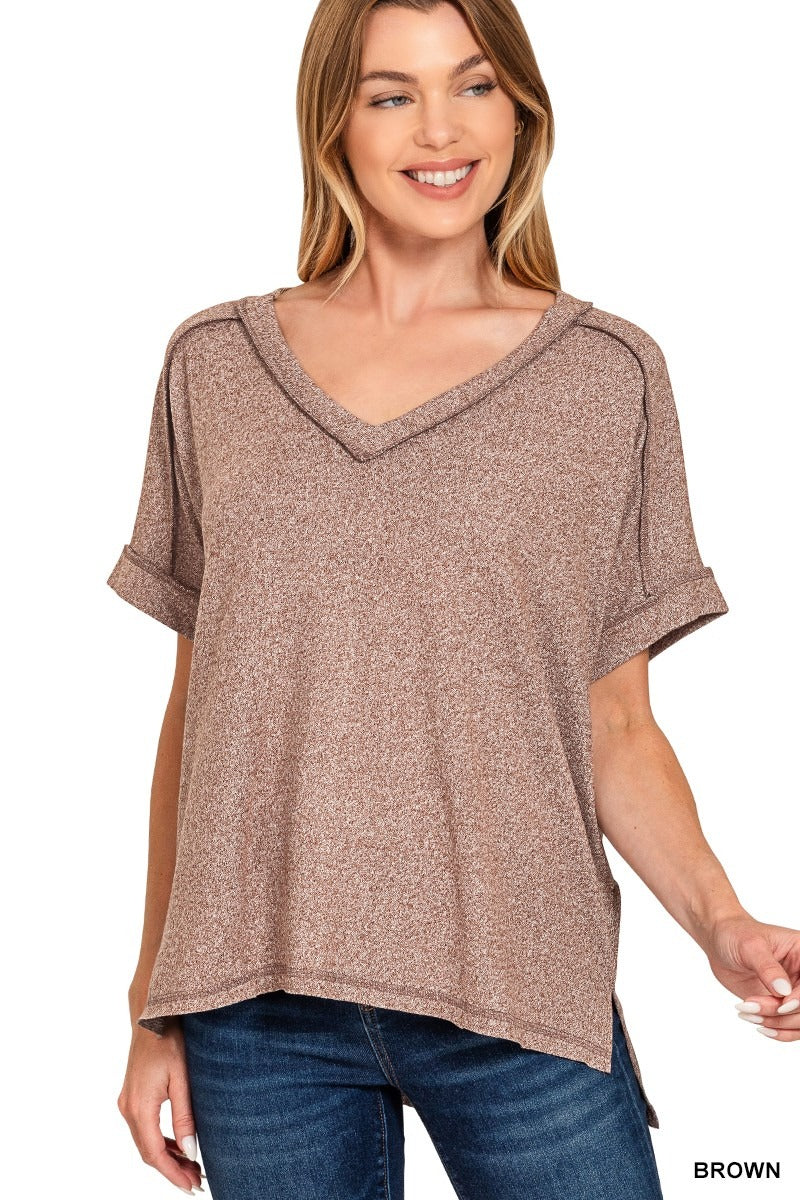 Soft Melange Hacci V-neck Hi-Low Short Sleeve Tee