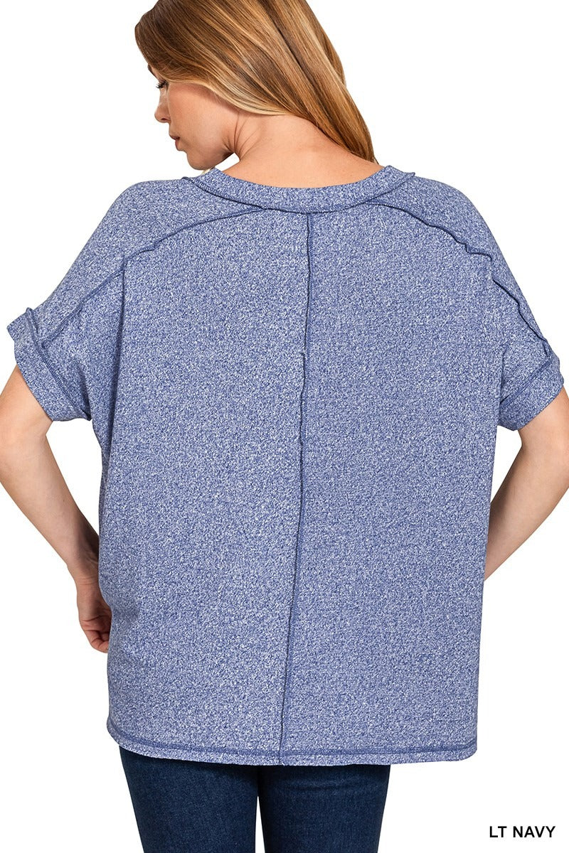 Soft Melange Hacci V-neck Hi-Low Short Sleeve Tee