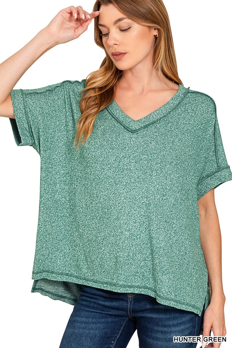 Soft Melange Hacci V-neck Hi-Low Short Sleeve Tee