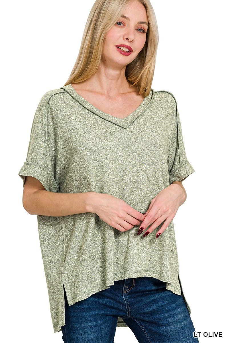 Soft Melange Hacci V-neck Hi-Low Short Sleeve Tee