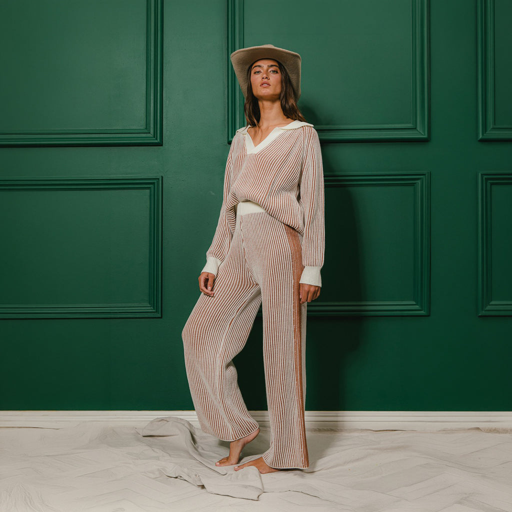 BiBi Clothing Two-Tone Ribbed Sweater and Wide Leg Pants Set