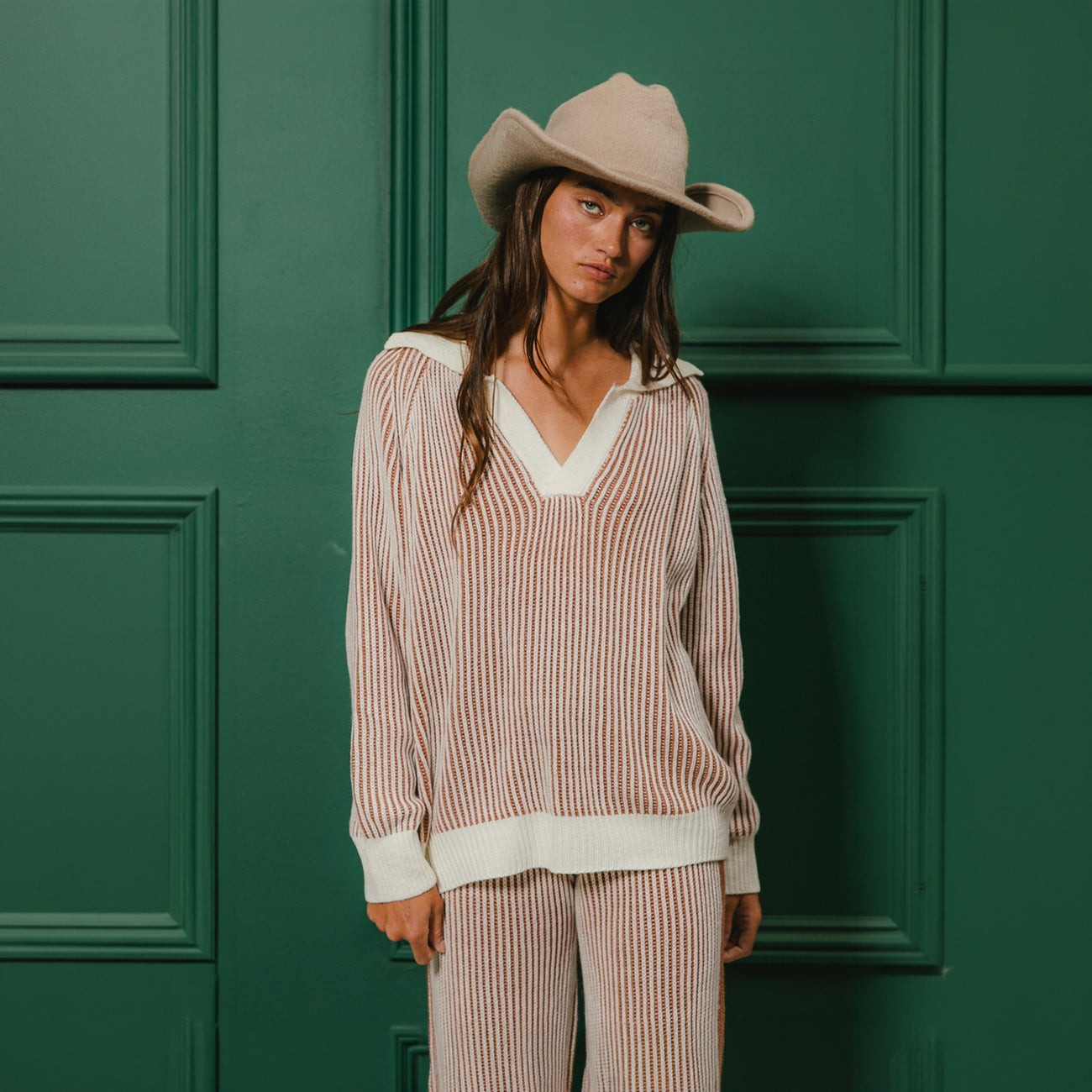 BiBi Two-Tone Ribbed Sweater and Wide Leg Pants Set