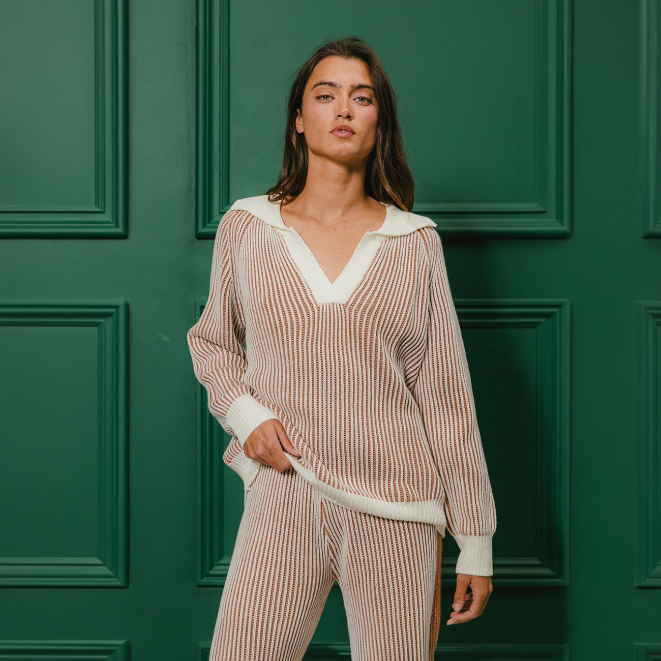 BiBi Two-Tone Ribbed Sweater and Wide Leg Pants Set