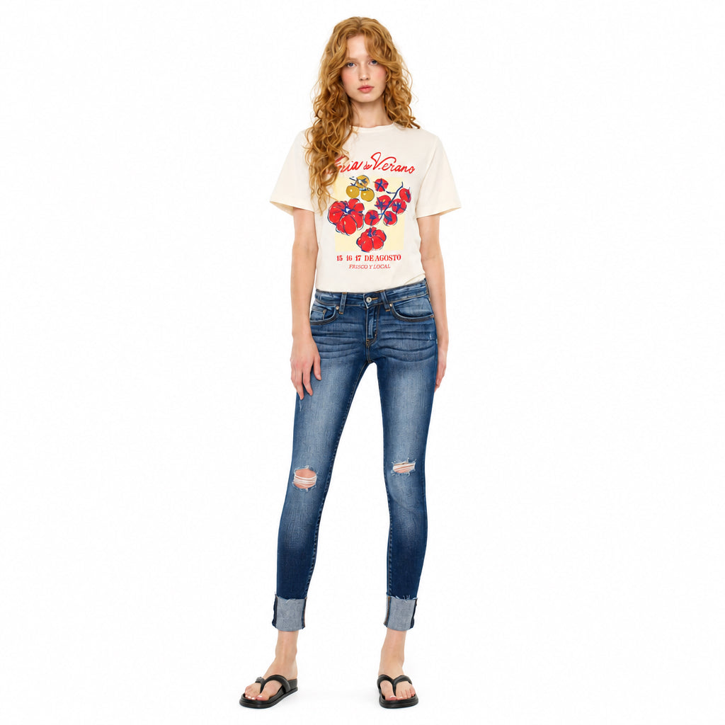 KanCan women's dark wash low-rise ankle skinny jeans, front view showing knee distressing and wide folded cuffs