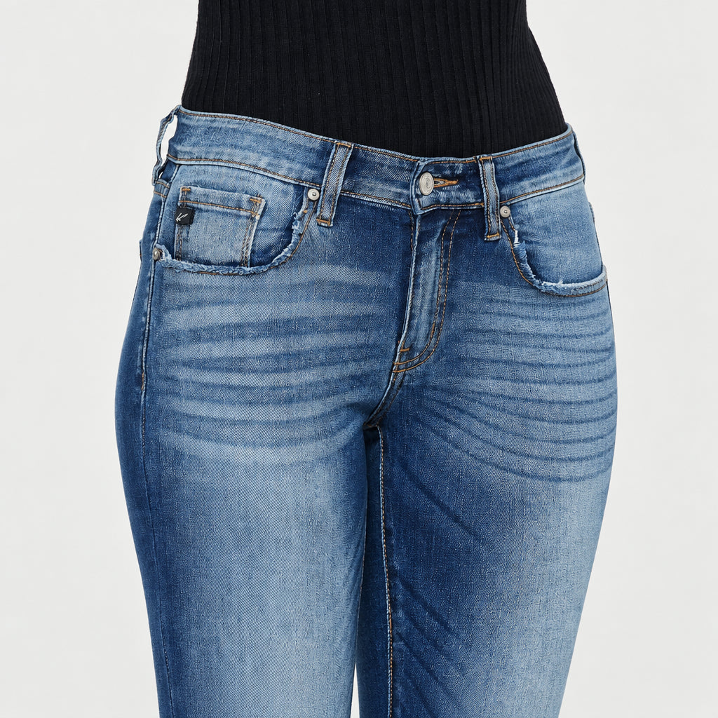 KanCan women's dark wash mid-rise super skinny jeans front view with faded thighs and distressed lower legs