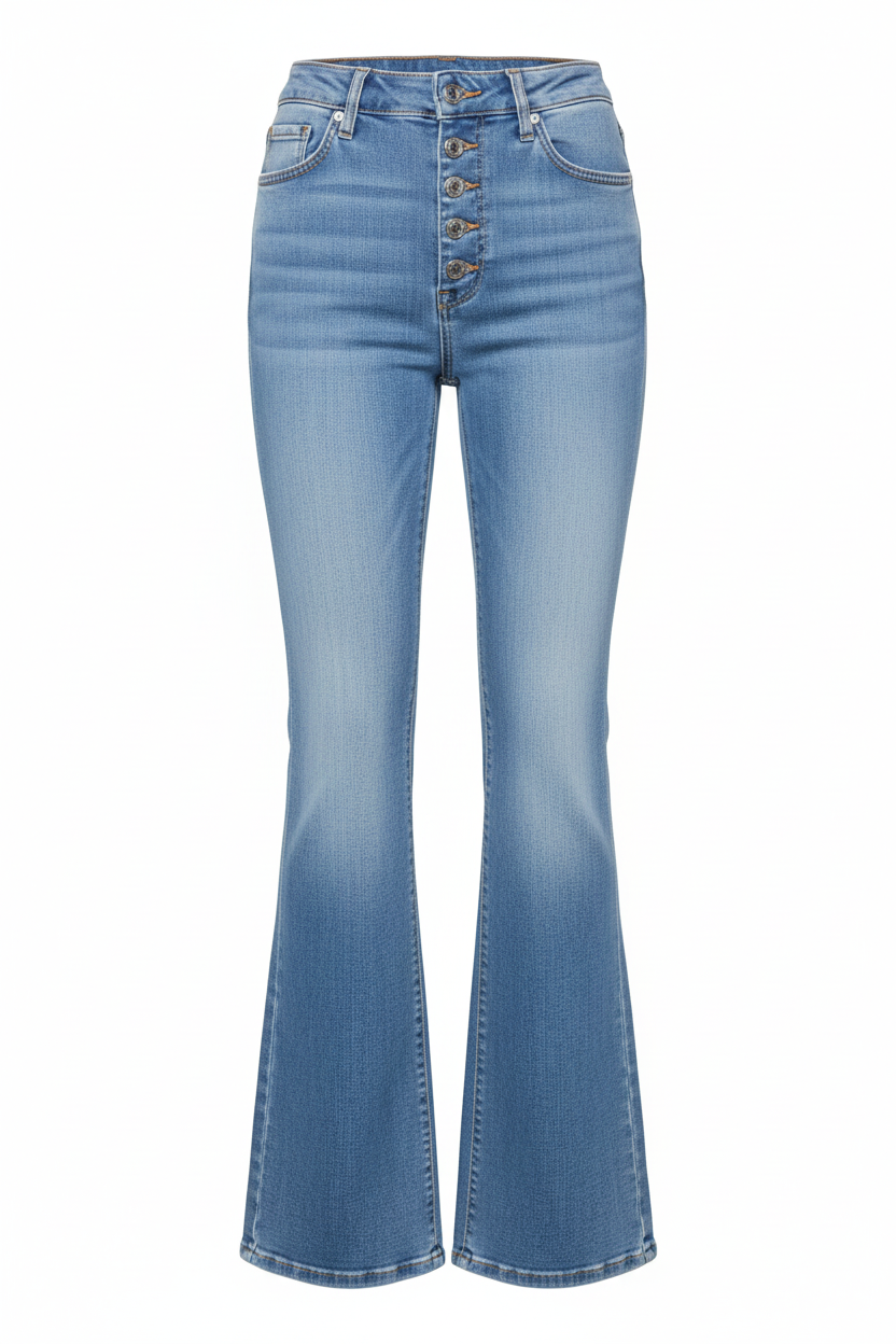 KanCan high-rise light wash flare jeans, full-length front view on white background showing button fly and flare silhouette
