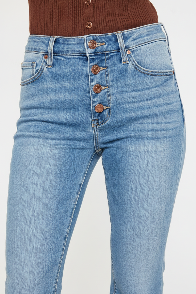Kancan flare jeans - detail shot of high-rise waistband button fly and front pocket