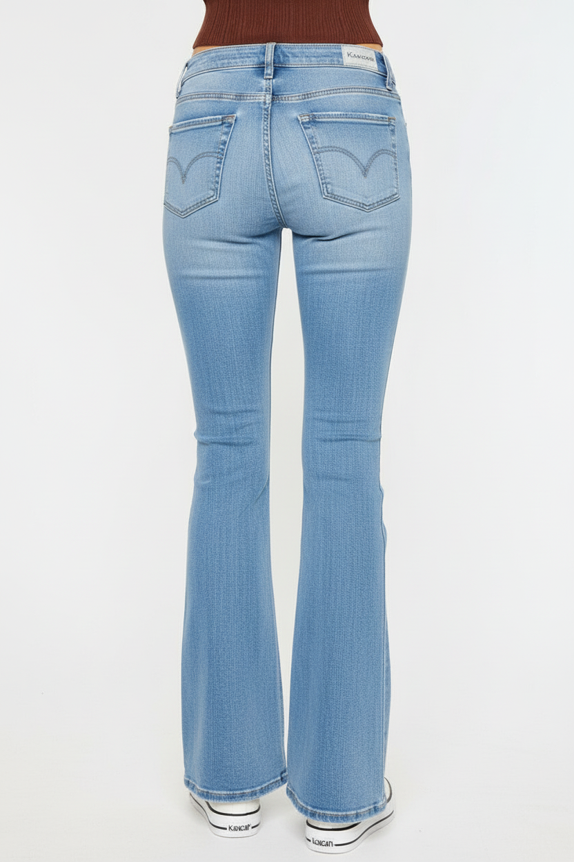 Kancan high-rise flare jeans - back view showing Kancan branding and back pockets