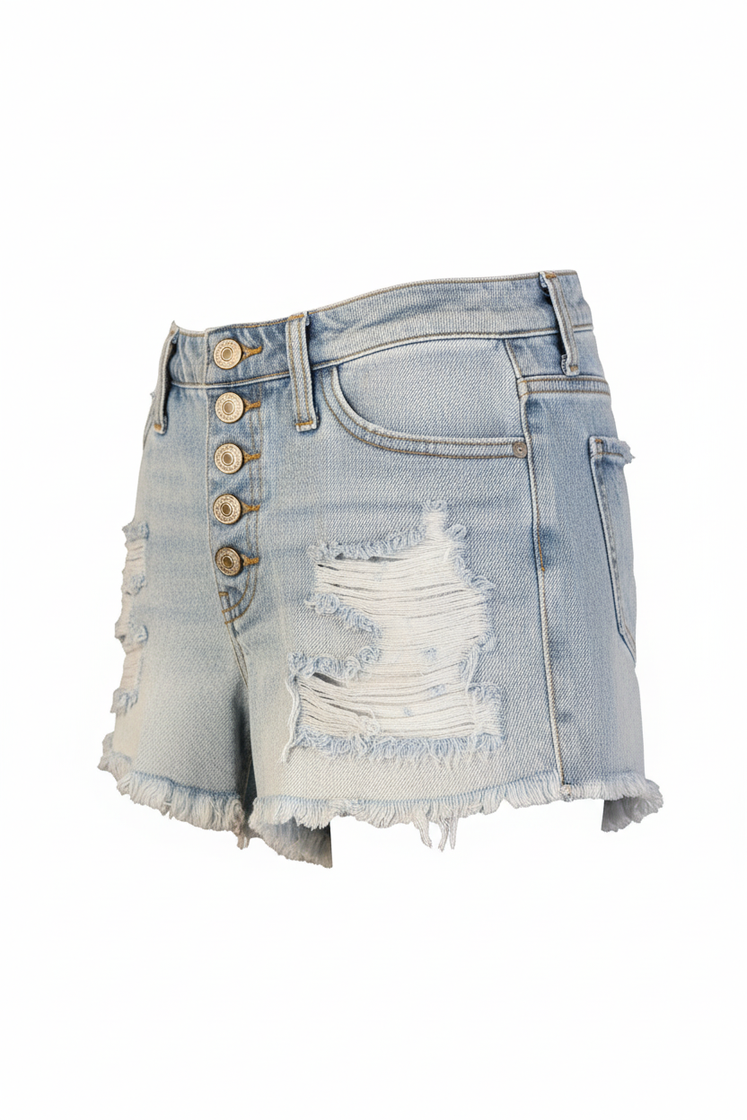 KanCan light wash distressed denim shorts, side view showing button fly, distressing, and frayed raw hem
