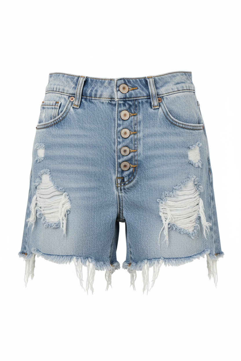 KanCan light wash distressed denim shorts front view showing exposed gold button fly and heavy front distressing
