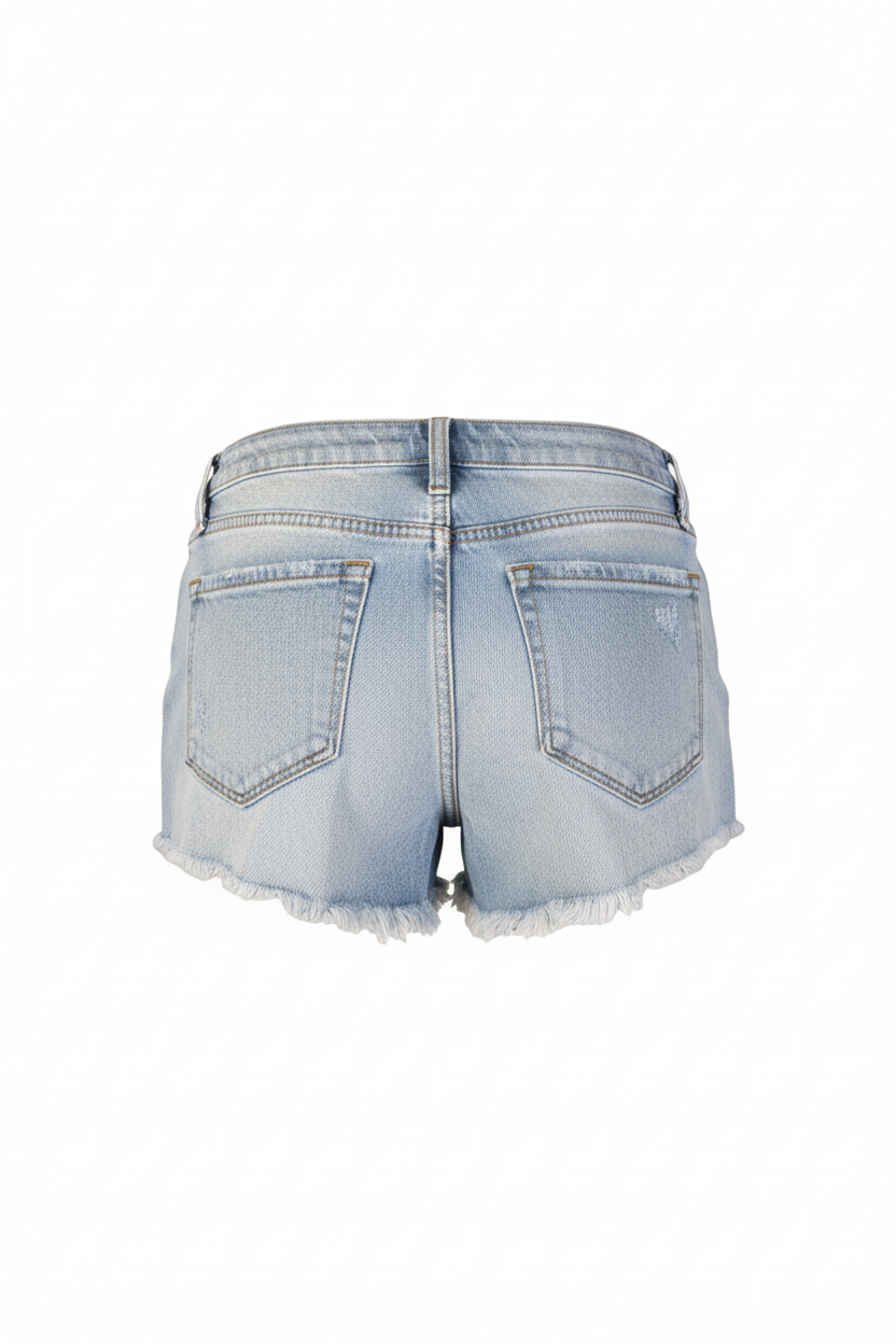 KanCan light wash distressed denim shorts back view showing clean back pockets and frayed raw hem
