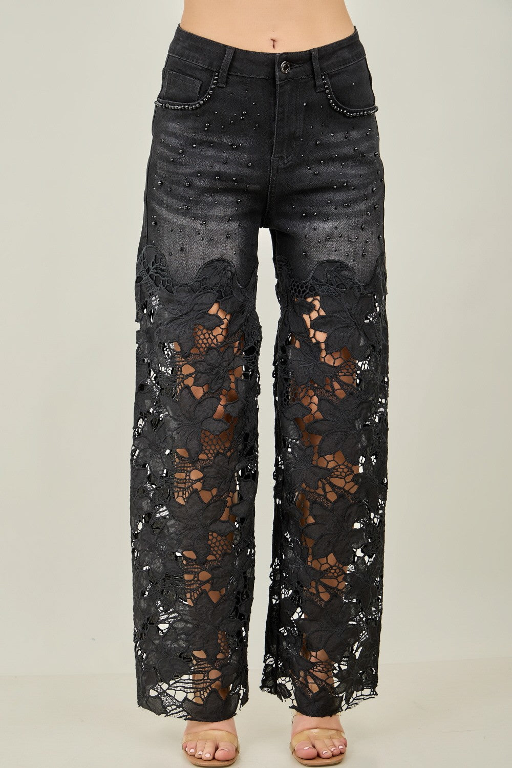 KIWI black pearl accent floral lace wide-leg jeans on model, full-length front view - BellanBlue
