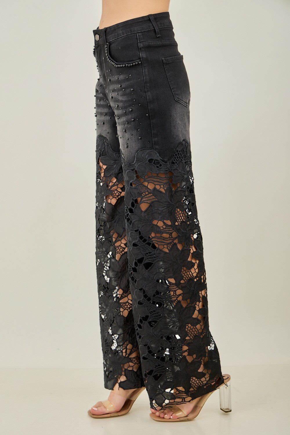 KIWI black pearl accent wide-leg jeans on model, full-length three-quarter view
