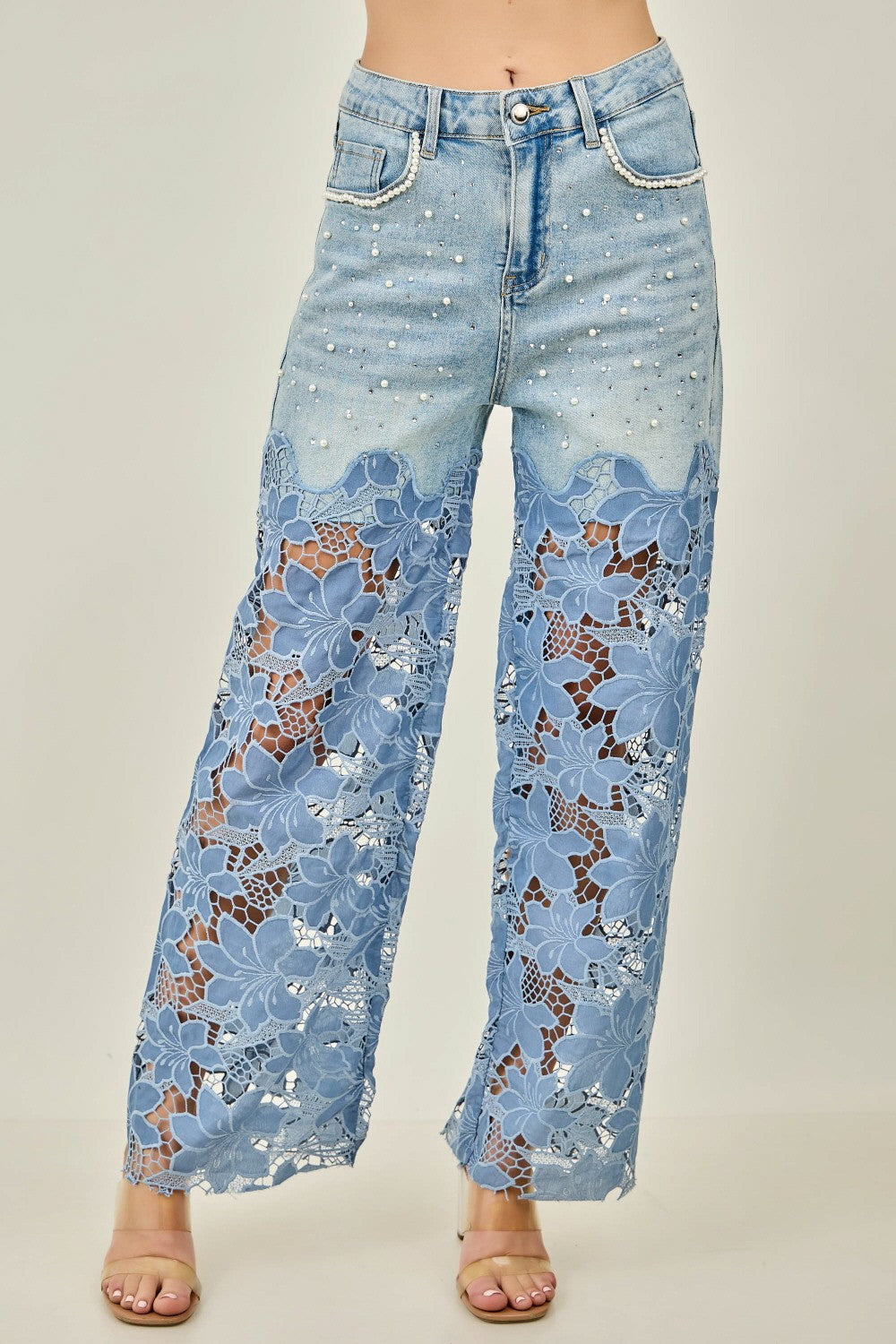 KIWI denim pearl accent floral lace wide-leg jeans on model, full-length front view
